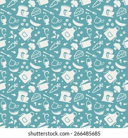 Food and kitchen seamless pattern. Background with silhouette icons for culinary theme. Vector illustration.