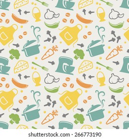 Food and kitchen seamless pattern in blue, yellow, orange, green, purple and grey pastel colors. Retro background with cute icons for culinary theme. Vector illustration.