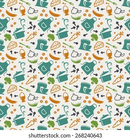 Food and kitchen seamless pattern in blue, orange, green and white colors. Retro background with cute icons for culinary theme. Vector illustration.