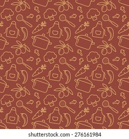 Food and kitchen seamless pattern. Brown background with line icons for culinary theme. Vector illustration.