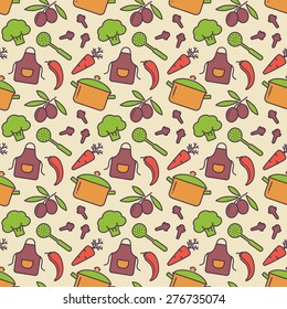 Food and kitchen seamless pattern. Cute background with colorful icons for culinary theme. Vector illustration.