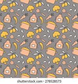 Food and kitchen seamless pattern. Cute background with colored icons for culinary theme. Vector illustration.