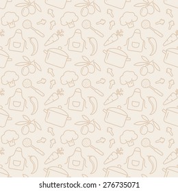 Food And Kitchen Seamless Pattern. Pale Background With Line Icons For Culinary Theme. Vector Illustration.