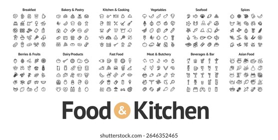 Comida e cozinha sinal preto linha fina ícone conjunto inclui de padaria, pastelaria, legumes, frutos do mar, especiarias e frutas. Ilustração vetorial de ícones
