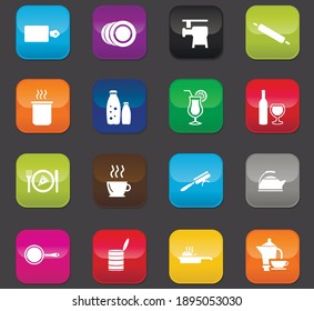 Food and kitchen symbol for web icons. Colored buttons on a dark background