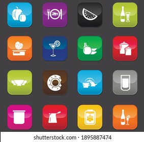 Food and kitchen symbol for web icons. Colored buttons on a dark background