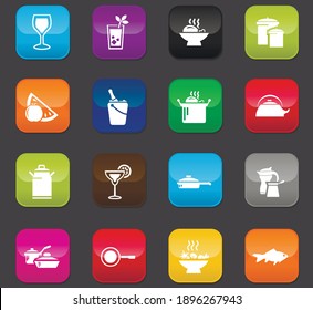 Food and kitchen symbol for web icons. Colored buttons on a dark background