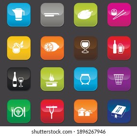 Food and kitchen symbol for web icons. Colored buttons on a dark background