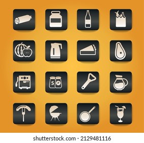 Food and kitchen symbols on black buttons on yellow background