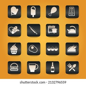 Food and kitchen symbols on black buttons on yellow background