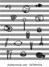 Food and kitchen tool doodle vector art style with background 