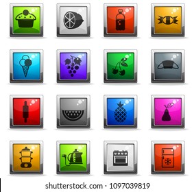 food and kitchen vector icons in square colored buttons