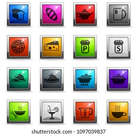 food and kitchen vector icons in square colored buttons