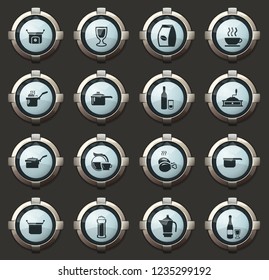 Food and kitchen vector icons in the stylish round buttons for mobile applications and web