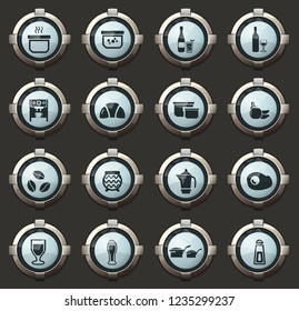 Food and kitchen vector icons in the stylish round buttons for mobile applications and web