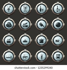 Food and kitchen vector icons in the stylish round buttons for mobile applications and web