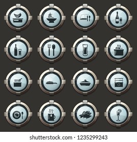 Food and kitchen vector icons in the stylish round buttons for mobile applications and web