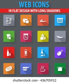 Food and kitchen web icons in flat design with long shadows