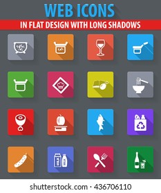 Food and kitchen web icons in flat design with long shadows
