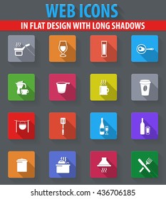 Food and kitchen web icons in flat design with long shadows