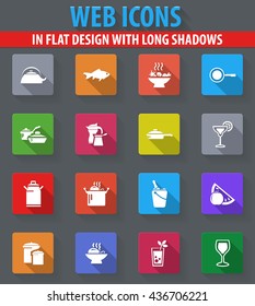 Food and kitchen web icons in flat design with long shadows