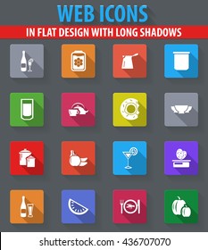 Food and kitchen web icons in flat design with long shadows