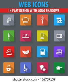 Food and kitchen web icons in flat design with long shadows