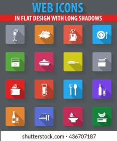 Food and kitchen web icons in flat design with long shadows