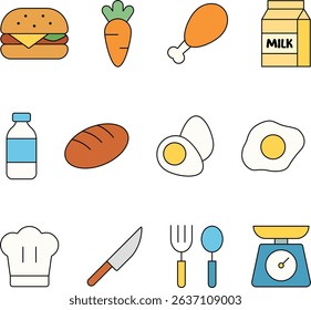 Food and kitchen-related icons. The collection includes grocery items, cooking tools, utensils, ingredients, and food preparation equipment