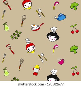 Food and kitchenware pattern illustration set