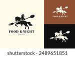 Food Knight logo design, is a logo design that simply illustrates a knight riding a horse while holding weapons in the form of a fork and spoon, a logo for restaurants, cafes, other food businesses.