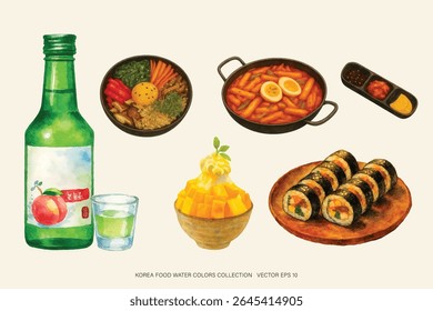 Comida Coreia coleção arte água cor Consistindo de arroz coreano, macarrão instantâneo coreano, bebidas populares e sobremesas.