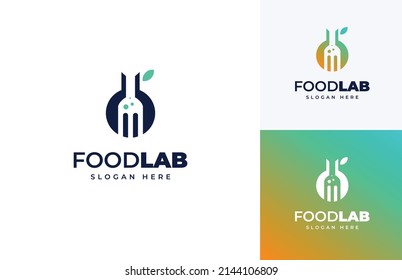 Food lab fork cutlery leaf green scientist vector logo design, Nature organic education food logo design