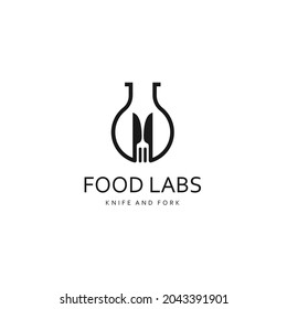 Food Lab Logo Design Template with Knife and Fork Tubes