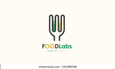 Food Lab Logo Template. Flat Design Vector Illustration. Lab Test Tube With Fork. - Vector