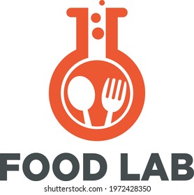 Food Lab Logo Template. Flat Design Vector Illustration. Lab test tube with spoon and fork.