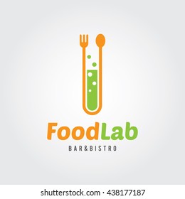 Food Lab Logo Template. Flat Design Vector Illustration. Lab test tube with spoon and fork. For restaurant, cafe, bar, food shop. 