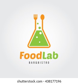 Food Lab Logo Template. Lab Test Tube With Spoon And Fork. For Restaurant, Cafe, Bar.