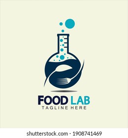 Food Lab logo vector icon illustration design template. lab logo.Lab test tube with spoon and fork.