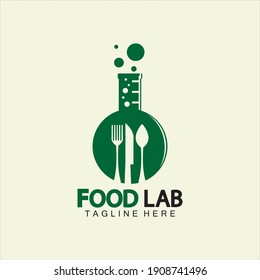 Food Lab logo vector icon illustration design template. lab logo.Lab test tube with spoon and fork.