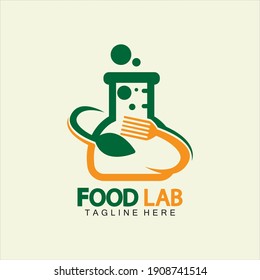 Food Lab logo vector icon illustration design template. lab logo.Lab test tube with spoon and fork.