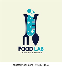 Food Lab logo vector icon illustration design template. lab logo.Lab test tube with spoon and fork.