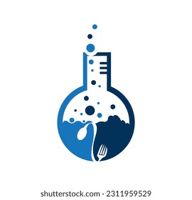 Logo des Food Lab, Vektorsymbol-Design-Vorlage. Laborlogo.Lab Prüfröhre mit Löffel und Gabel.