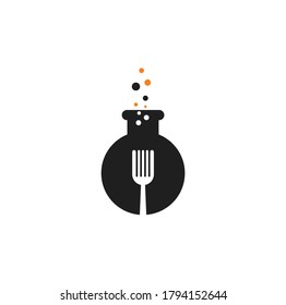 Food lab vector logo design. Lab test tube with fork and spoon.