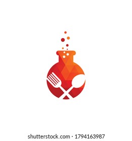 Diseño del logo del vector del laboratorio de alimentos. Tubo de prueba de laboratorio con horquilla y cuchara.