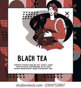 Food label or banner, card design for black tea flat vector illustration with woman and abstract frame. Templates for tea packages, labels or stickers.