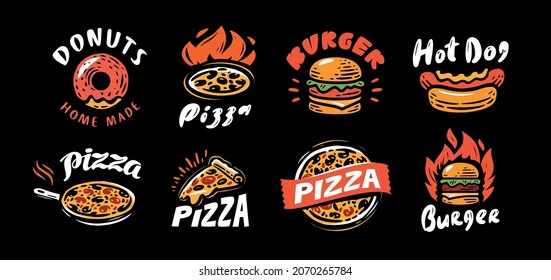 Juego de etiquetas de alimentos. Insignias para el menú de restaurante o café. Pizza, hamburguesa, perrito caliente, donut