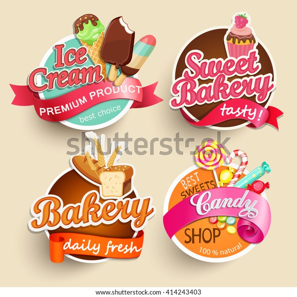 Food Label or Sticker -\
bakery, ice cream, candy, sweet bakery - Design Template. Vector\
illustration.