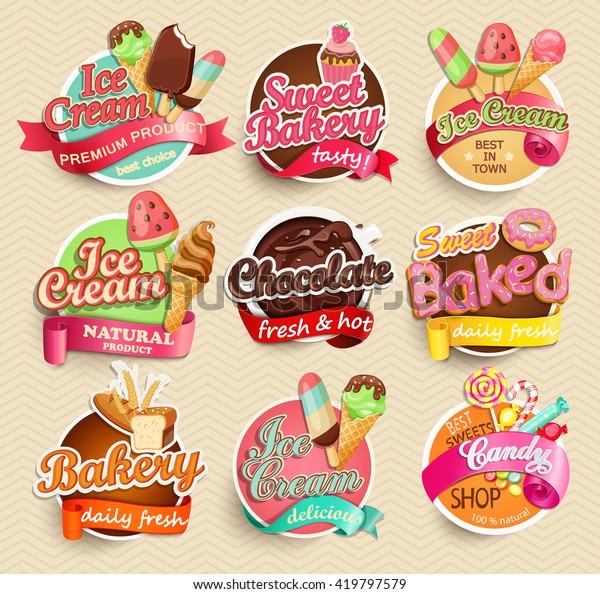 Food Label or Sticker - bakery, ice-cream,\
chocolate, sweet baked, candy,sweet bakery - Design Template.\
Vector illustration.