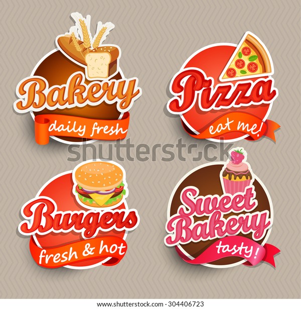 Food Label Sticker Bakery Pizza Burger Stock Vector (Royalty Free ...